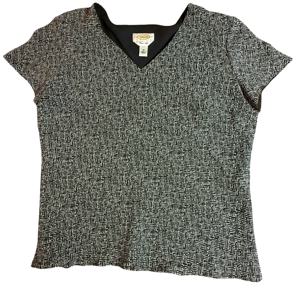 Talbots Vintage Silk Blouse Women 10 Black White Geometric V-Neck Interview Work